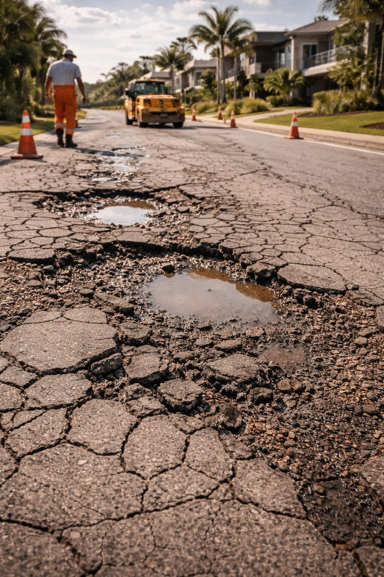 Pavimento asfáltico deteriorado com buracos em rua de condomínio residencial