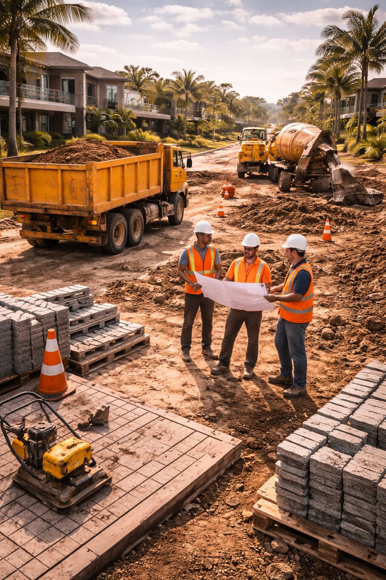 Canteiro de obras em condomínio horizontal com caminhões e equipe de engenharia
