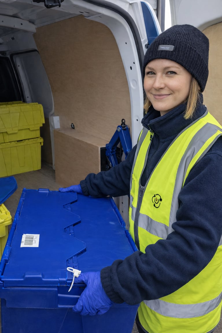 Female delivery driver in a high-visibility vest loading a security-sealed crate into our van.