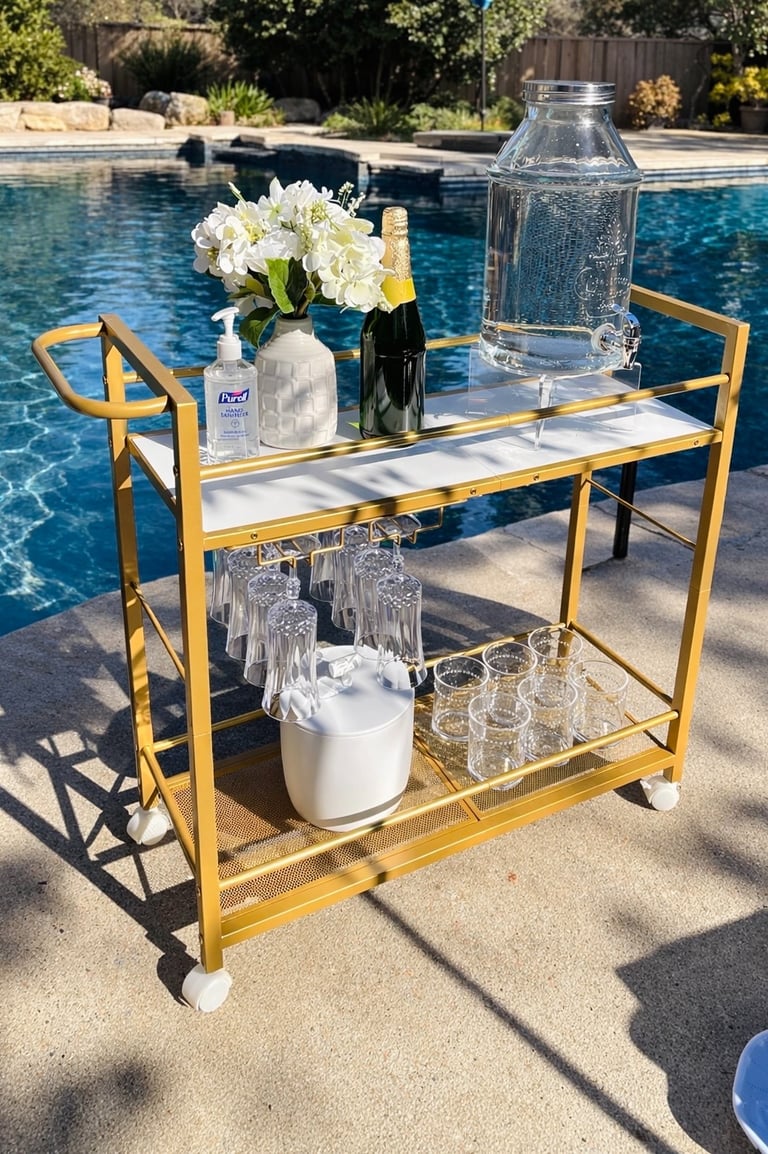 Styled gold bar cart luxury picnic offer with flutes, water, ice bucket, sparkling juice