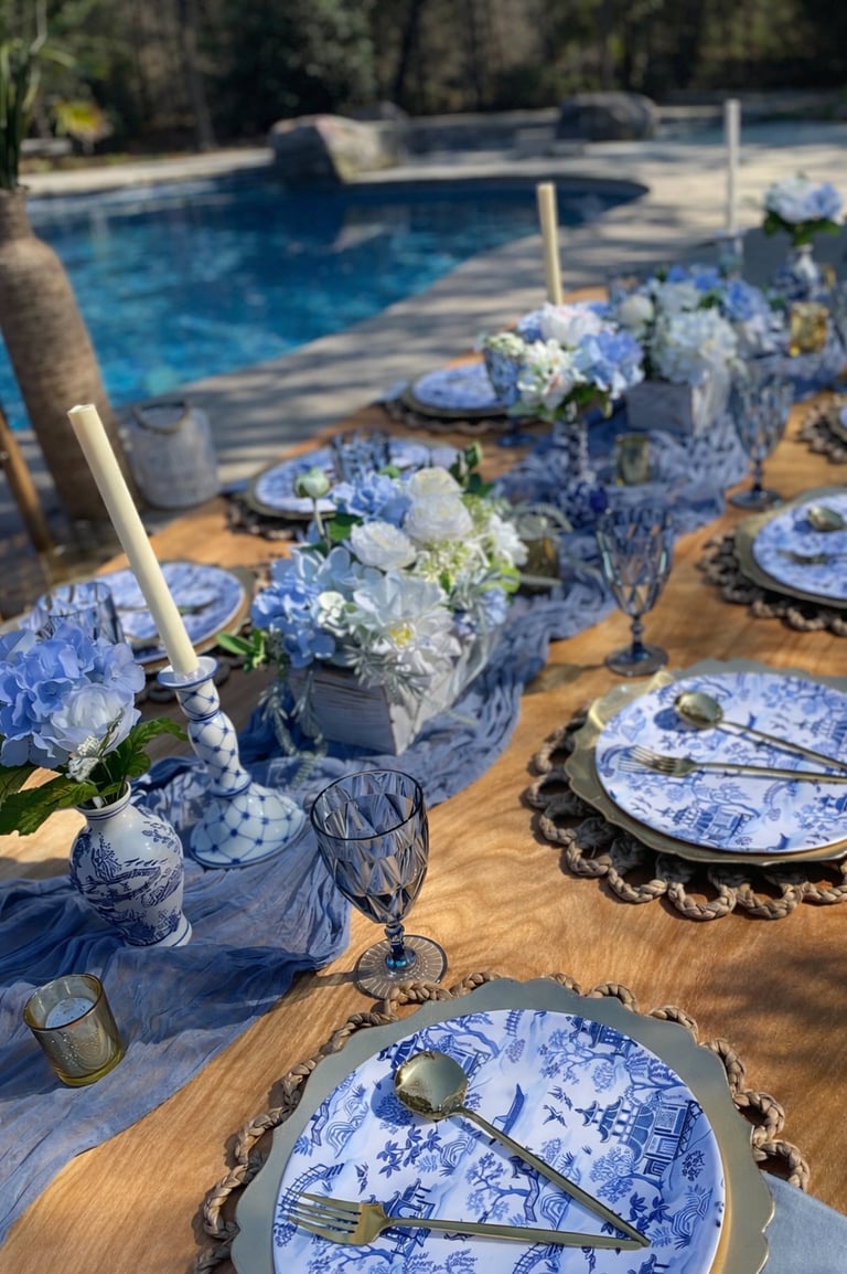 Luxury outdoor picnic tablescape Blue Willow china, soft linens, elegant place settings Buford GA