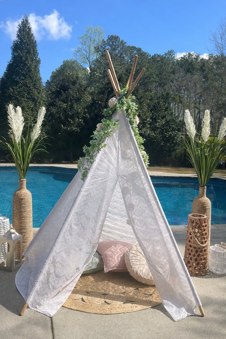 Boho teepee luxury picnic add on enhancement lace tent with floral garland pillows & rug