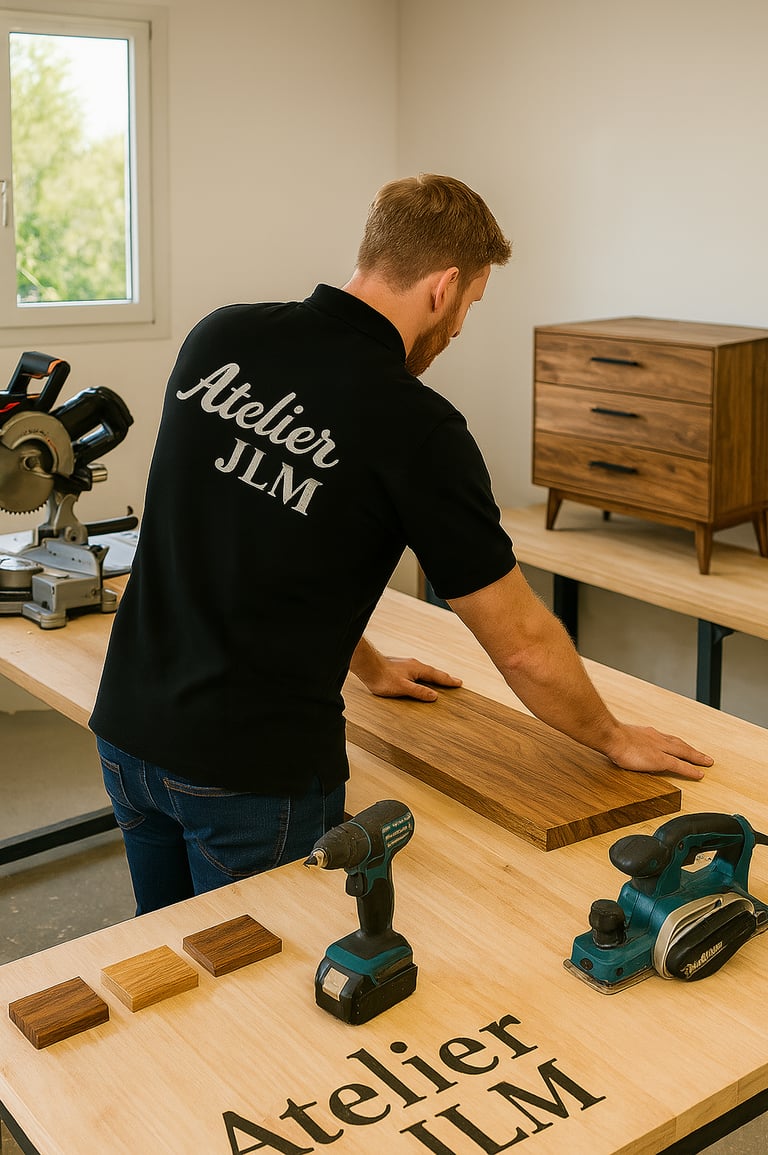 Artisan Atelier JLM en train de fabriquer un meuble sur mesure