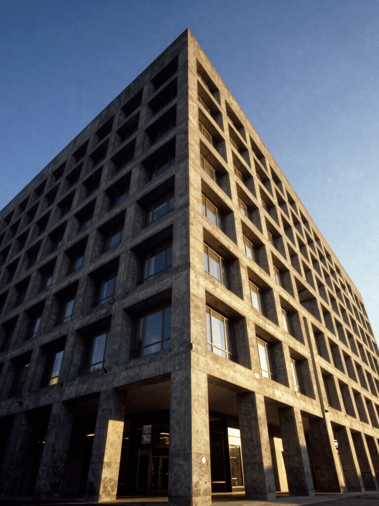 Low-angle architectural perspective of a brutalist concrete banking headquarters, dramatic sunlight casting sharp geometric lines, premium architectural photography