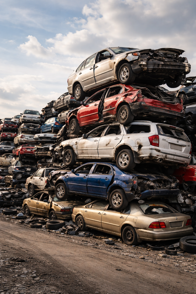 A high stack of crushed scrap cars at an outdoor junkyard for recycling and spare auto parts.