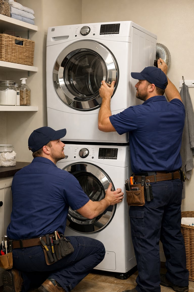 Two technicians installing a stackable washer and dryer in a clean modern laundry room.