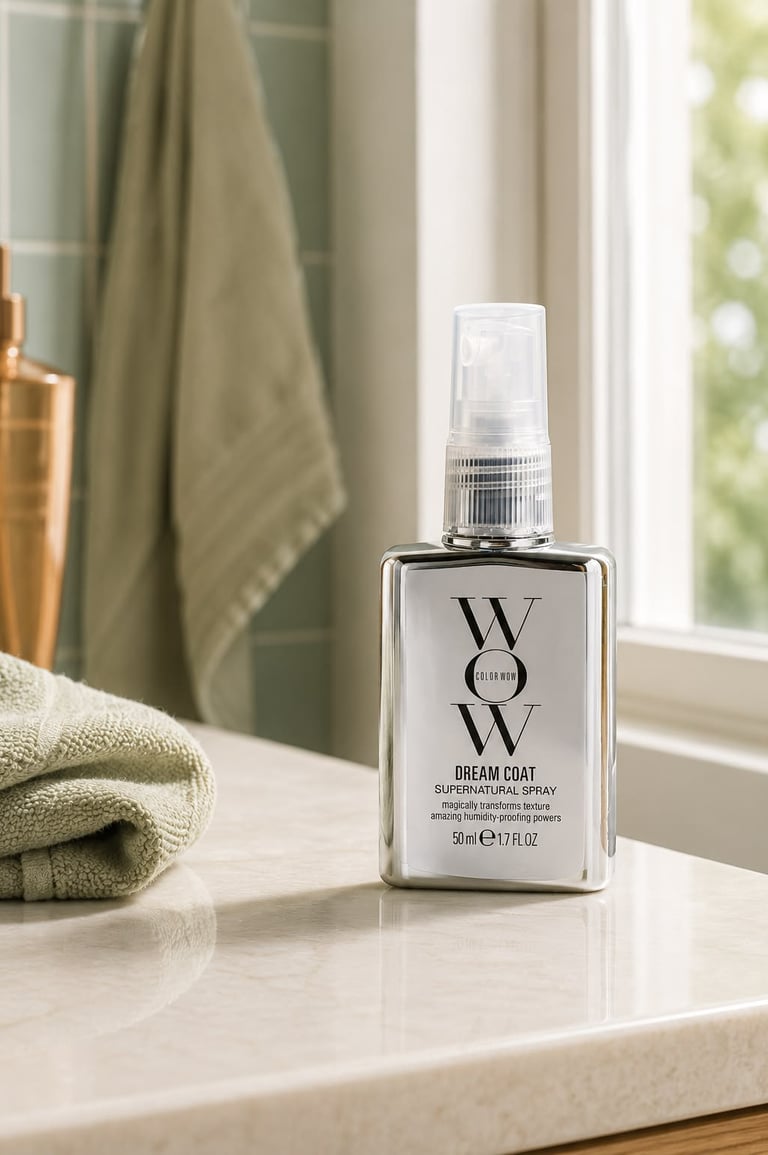 Color Wow Dream Coat Supernatural Spray on a marble bathroom counter for anti-frizz hair styling.