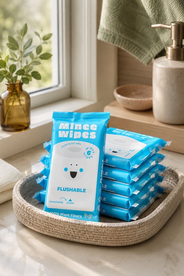 Flushable Minee Wipes made from 100% plant fibers stacked in a woven bathroom basket.
