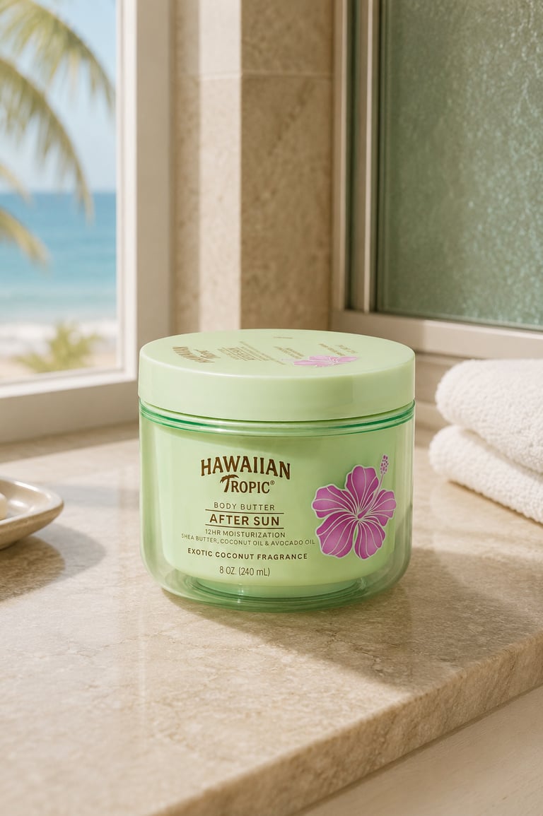 Hawaiian Tropic After Sun Body Butter jar on a marble counter with a beach view.