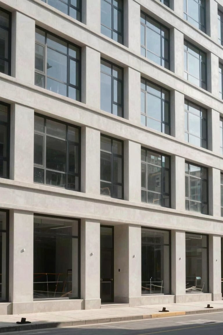 Wide environmental shot of a completed commercial building facade, natural daylight, honest contrast, full structure visible from street level, clean architectural lines, no people, no construction activity