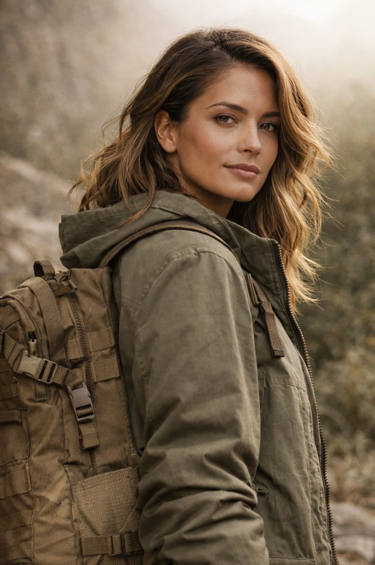 Portrait of a woman wearing an olive green tactical field jacket and a tan hiking backpack outdoors.