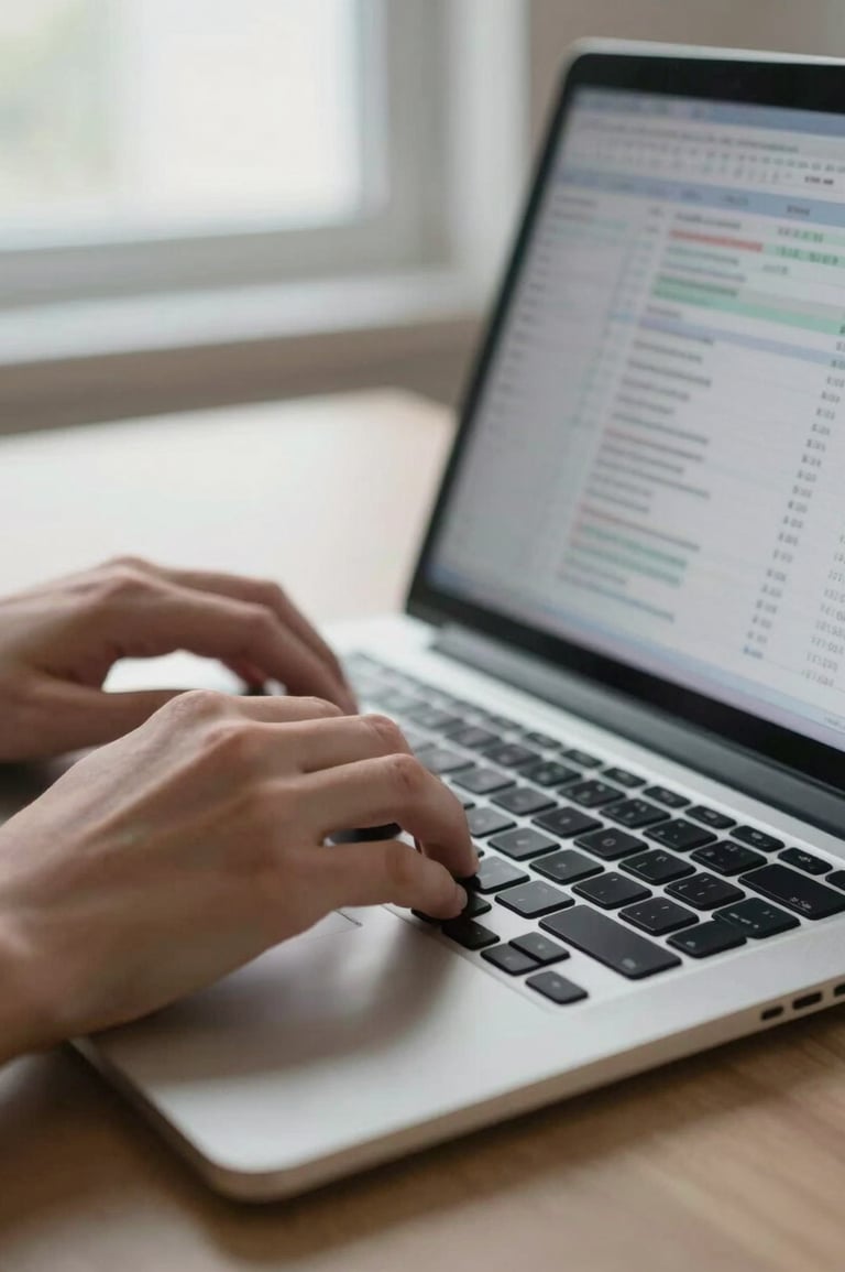 Close-up of hands typing on a laptop keyboard, financial spreadsheet visible on screen, clinical daylight from a nearby window, shallow depth of field, neutral desk surface