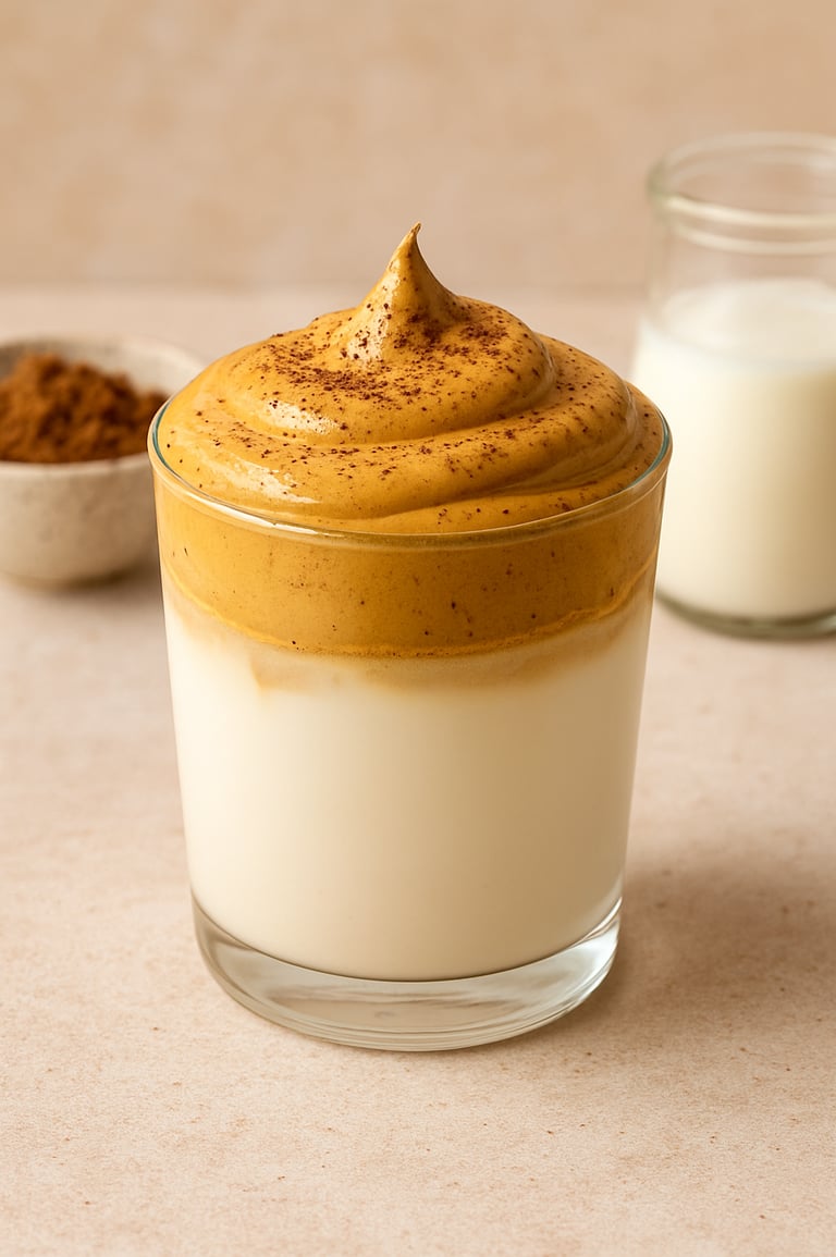 Glass of homemade Dalgona coffee with whipped coffee foam over milk, an easy budget-friendly coffee 