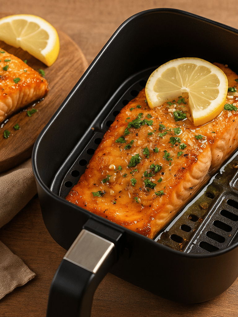 Flaky garlic butter salmon cooked in the air fryer and served with lemon slices.