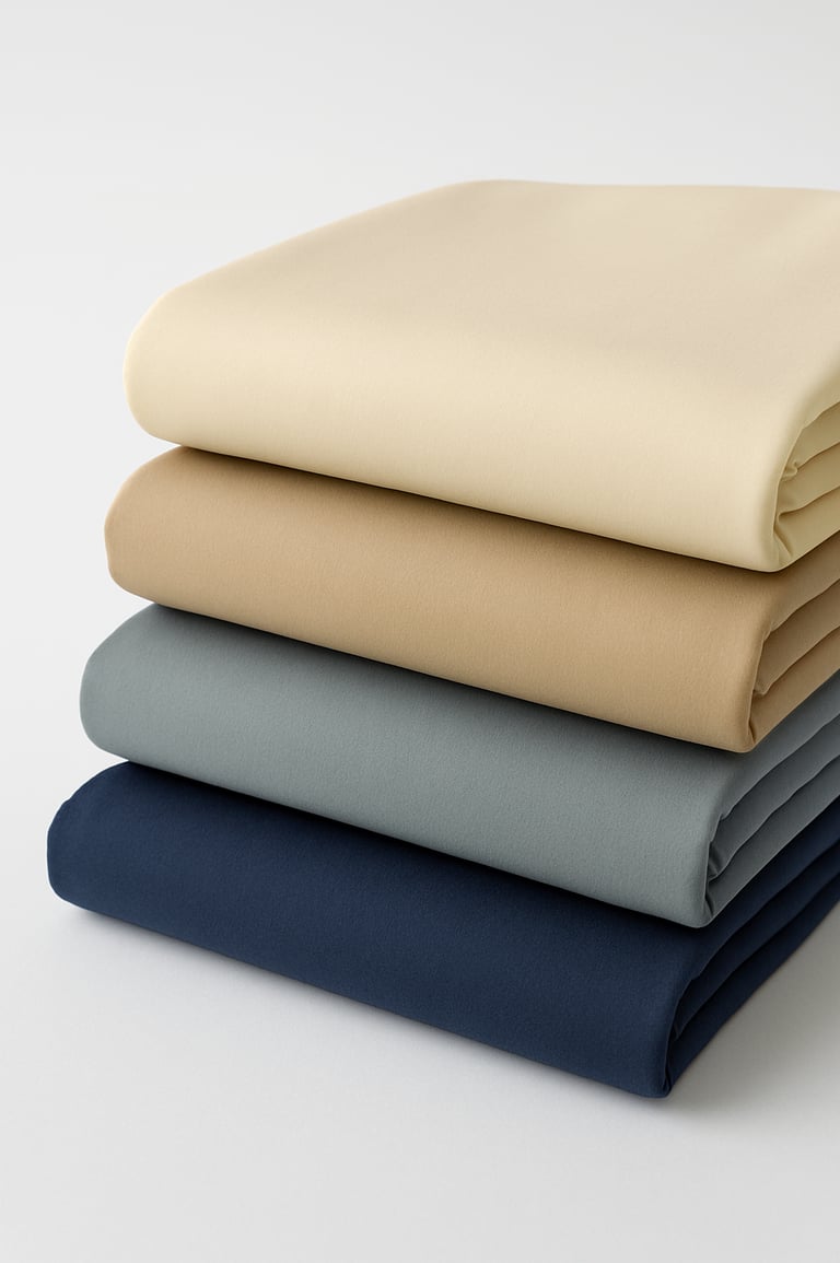 Variedade de tecidos para confecção, uniformes e produção industrial.