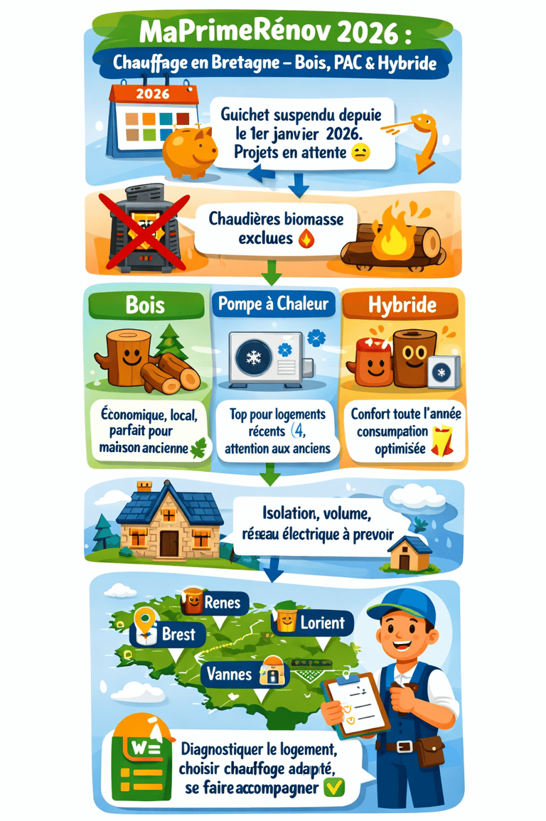 infographie explicative ma prime rénov en Bretagne chauffage bois pac hybride