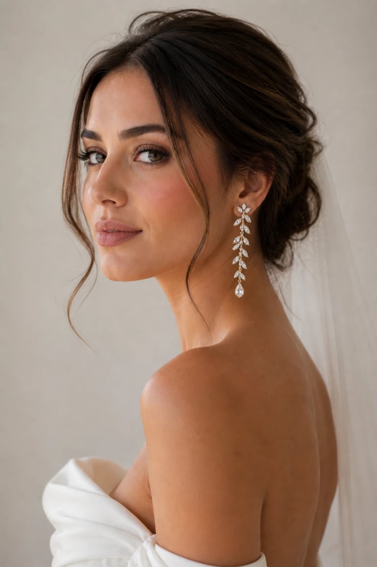 Bride wearing long statement drop earrings