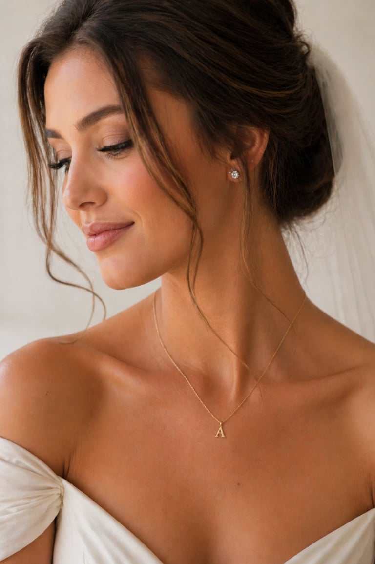 Bride wearing initial pendant necklace