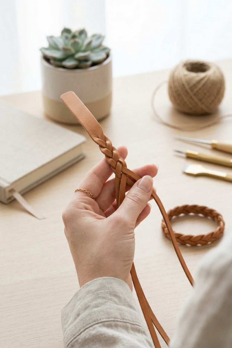 A person's hands meticulously braid a light brown leather strap, creating a handmade bracelet, with craft tools nearby.