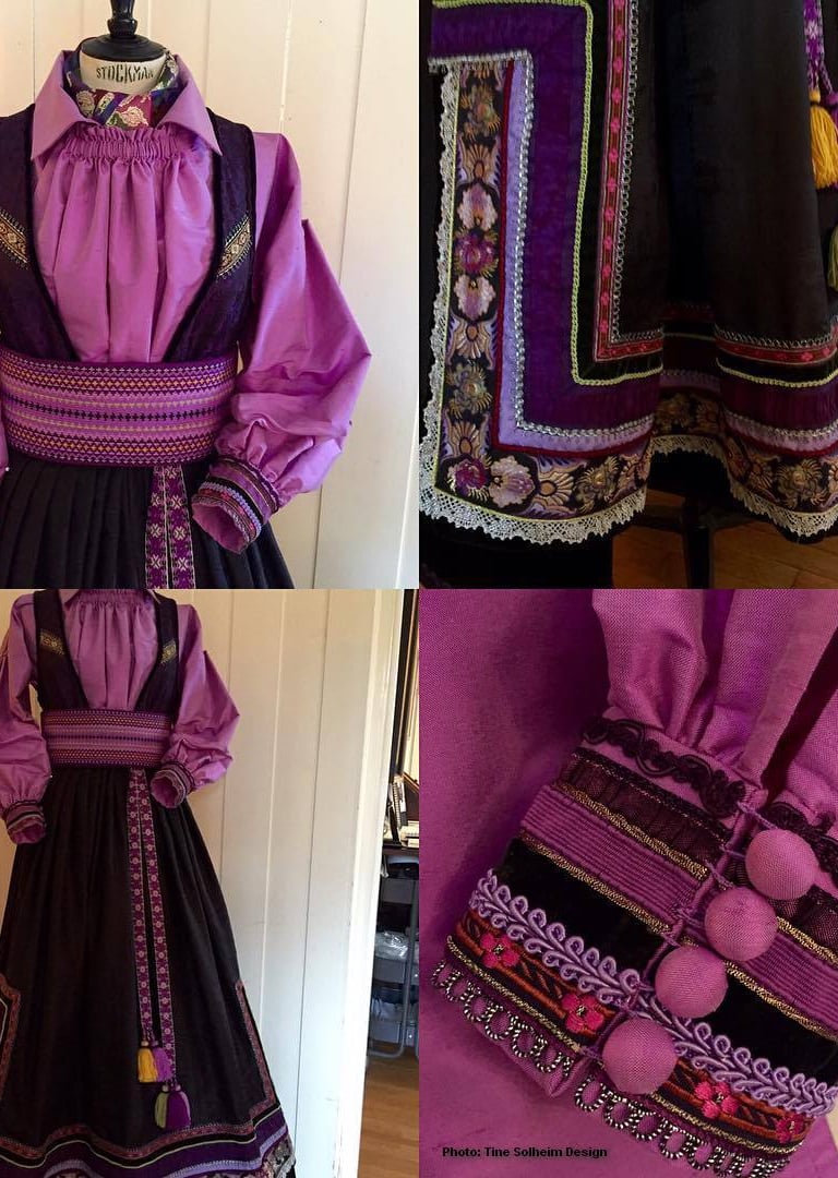 A collage of details of a magenta bunad
