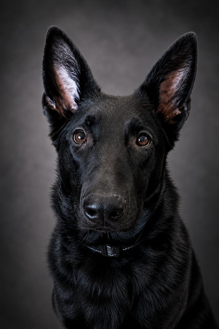 A close-up studio portrait of a black German Shepherd with pointed ears against a dark background.