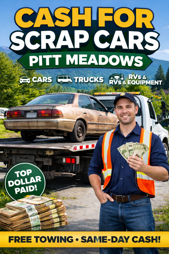 Tow truck removing scrap car in Pitt Meadows while driver holds cash payment.