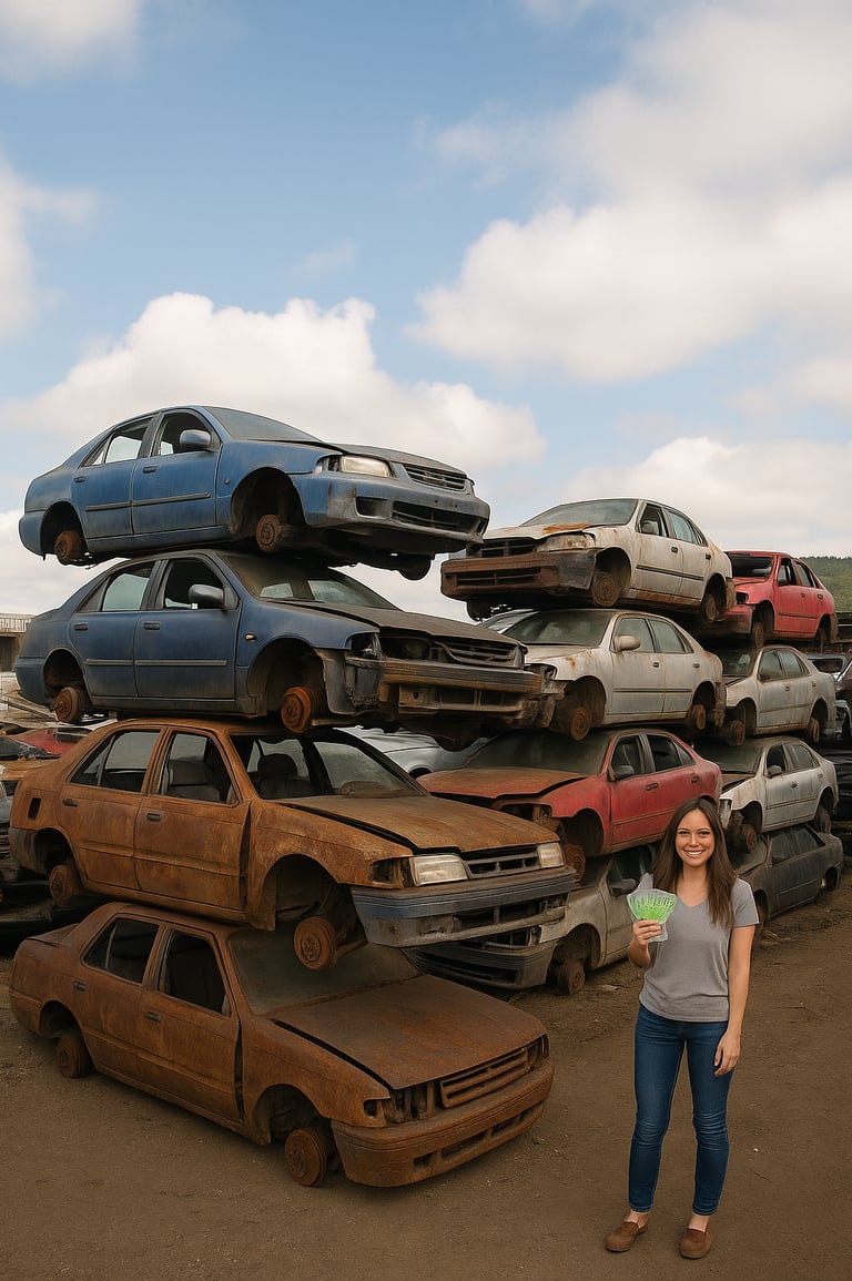 Rusty, wheel-less scrap cars stacked high in Maple Ridge junkyard under clouds.