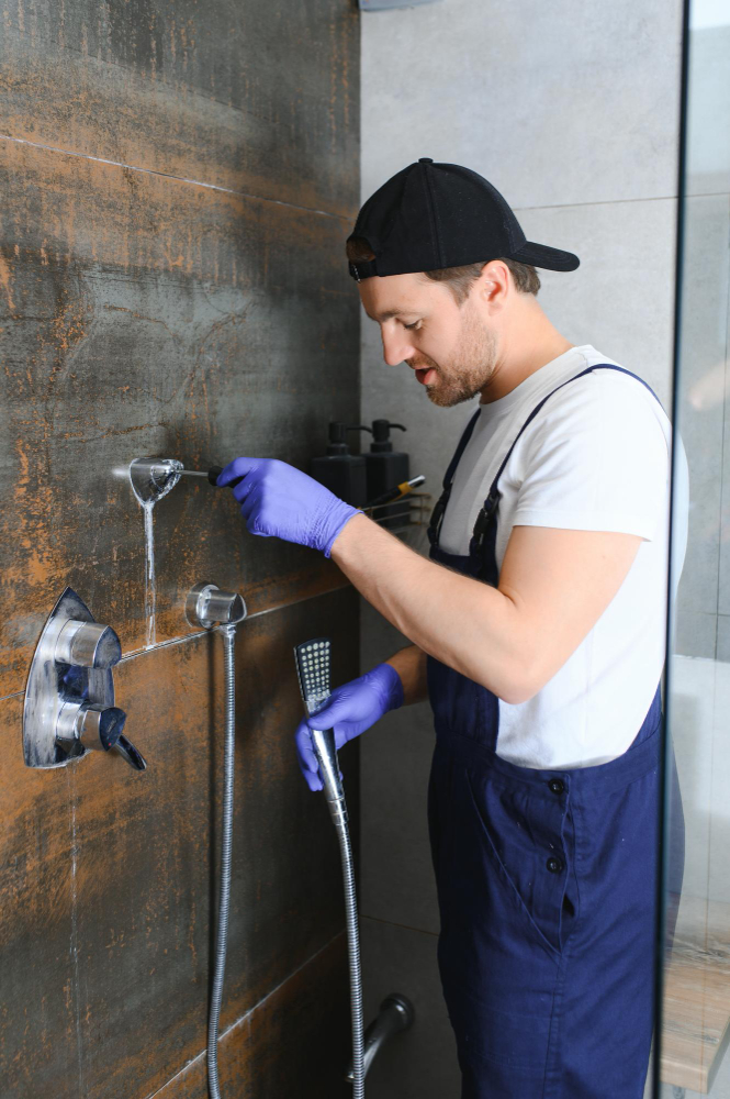 Technician wearing gloves repairing a shower tap on a tiled bathroom wall