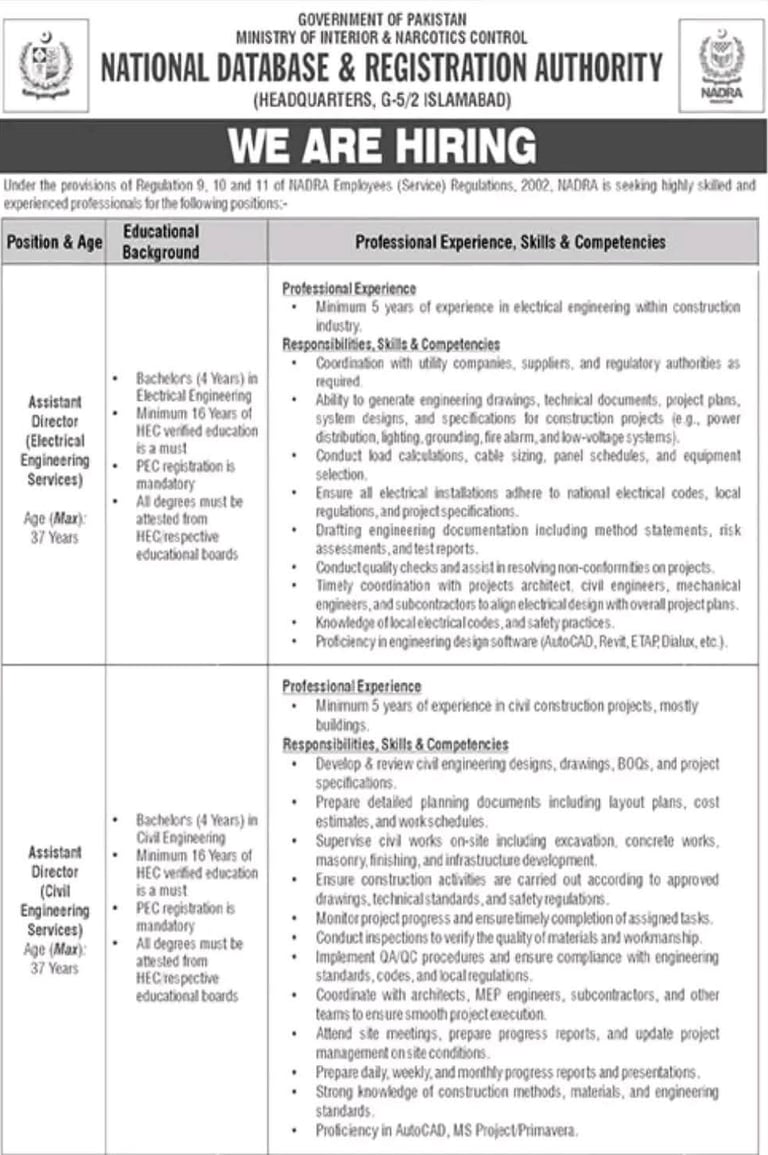 NADRA Jobs 2026 advertisement for Assistant Director and Deputy Assistant Director positions in Isla