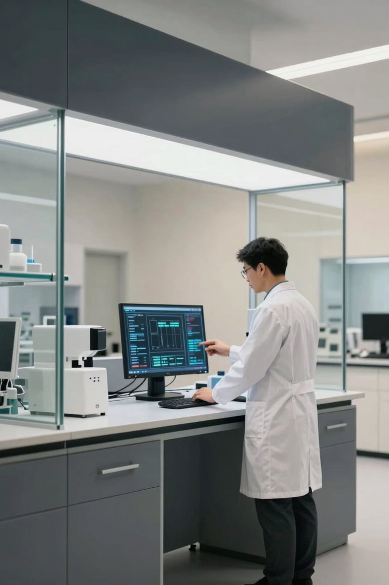 An ultra-modern laboratory interior with sleek glass partitions and a deep gray (#2A363B) and parchment (#FBF8F0) color scheme. A professional in a white lab coat is examining a digital interface displaying complex data, emphasizing technological solutions.