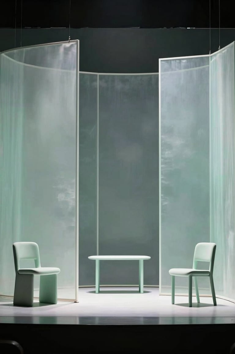 A set design concept photograph showing a stage with ethereal, translucent partitions and minimalist furniture in pale mist green.