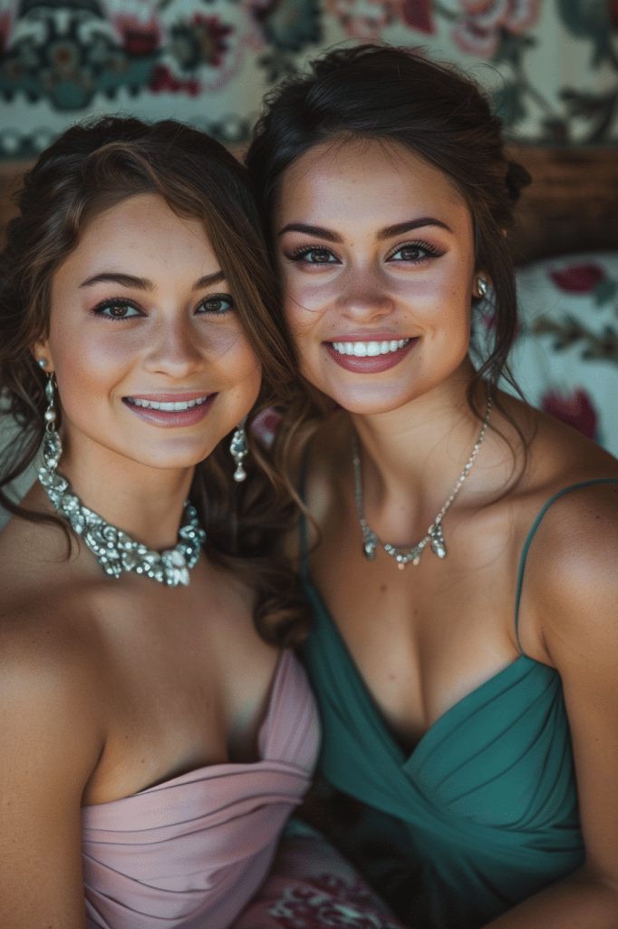 Bridesmaid Look Idea: Vintage Retro Vibes. Rhinestones and Clustered Jewelry
