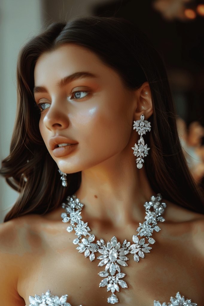 Prom Look Idea Retro Vintage Rhinestone Statement Necklace and Clear Earrings
