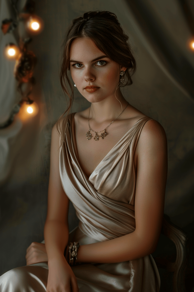 Prom Look Idea Modern Minimalist. Champagne Neutral Dress. Modernist Necklace. Drop Earrings