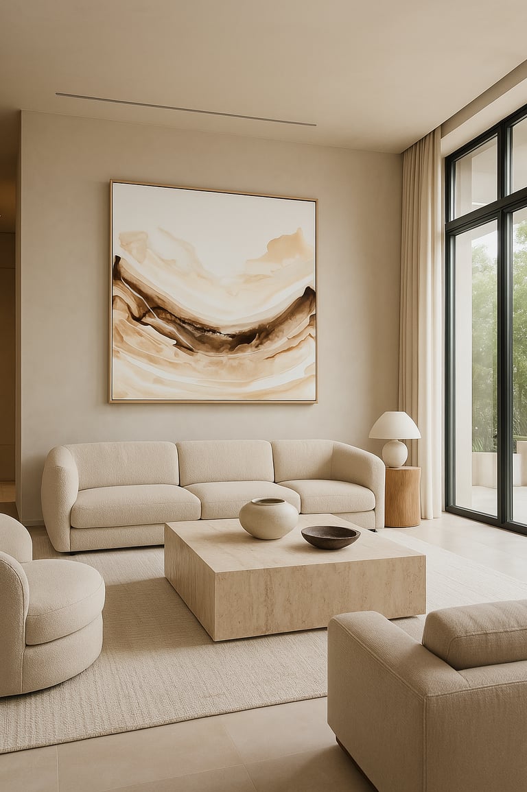 Modern minimalist living room featuring a cream curved sofa and large abstract wall art in neutral tones.