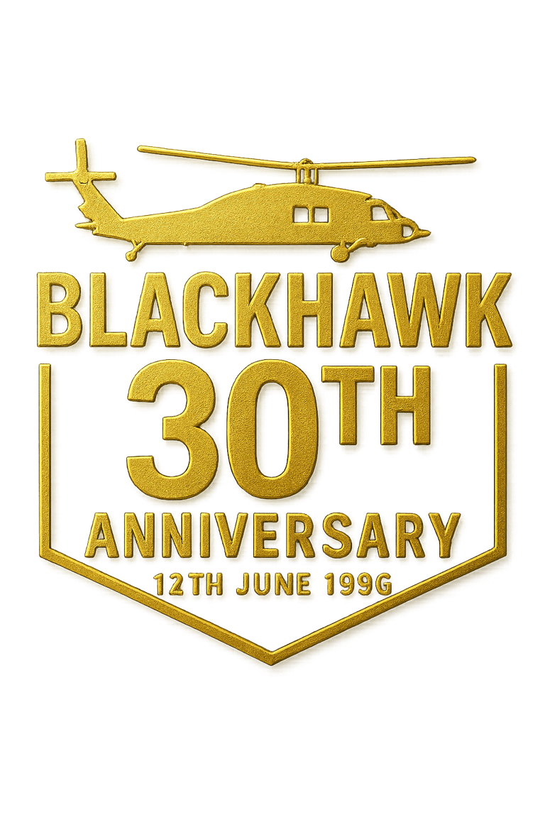 Blackhawk 30th Anniversary SASR gold emblem badge with helicopter and date text on transparent background