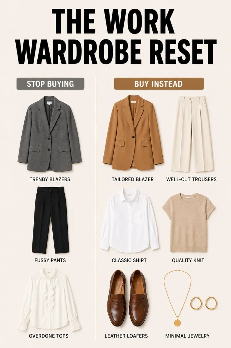 how to build a professional wardrobe on a budget — the work wardrobe reset showing what to skip.