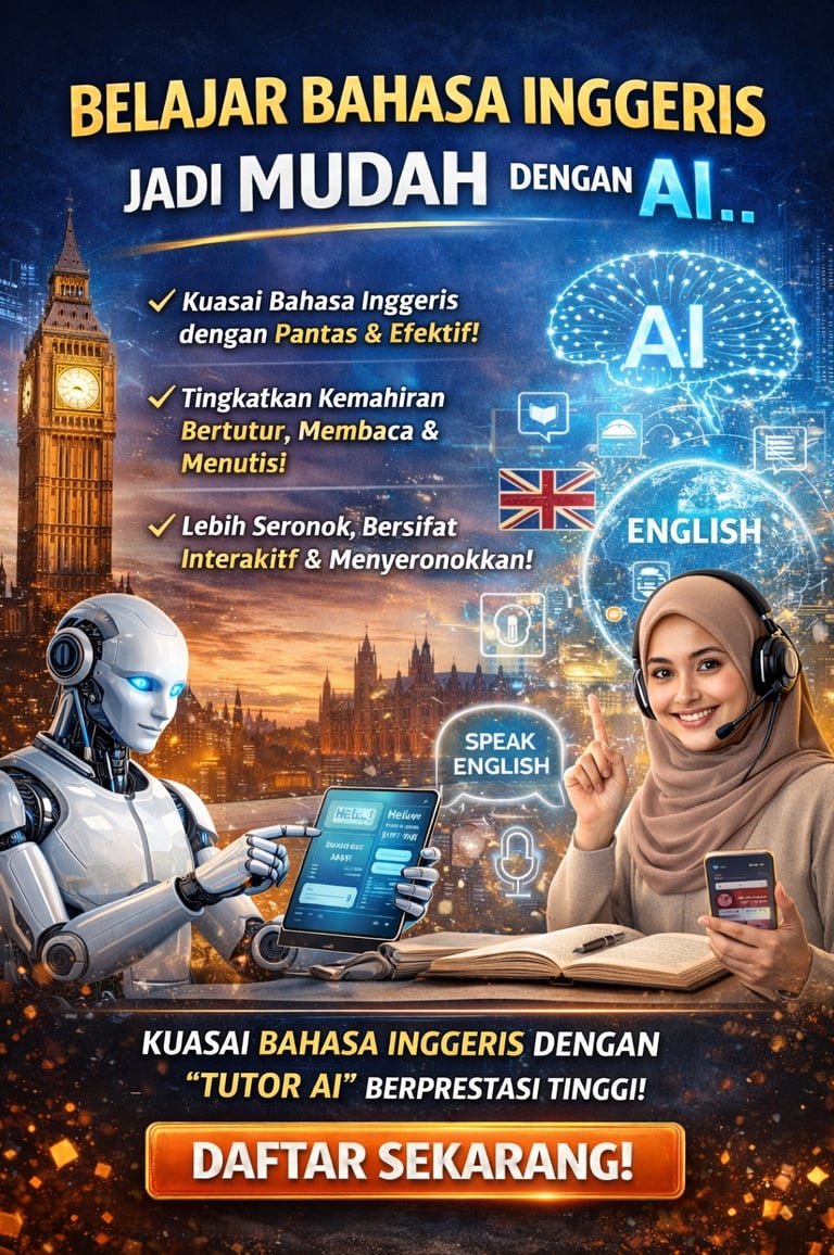A woman using an AI tutor and robot to learn English online with Big Ben in the background.