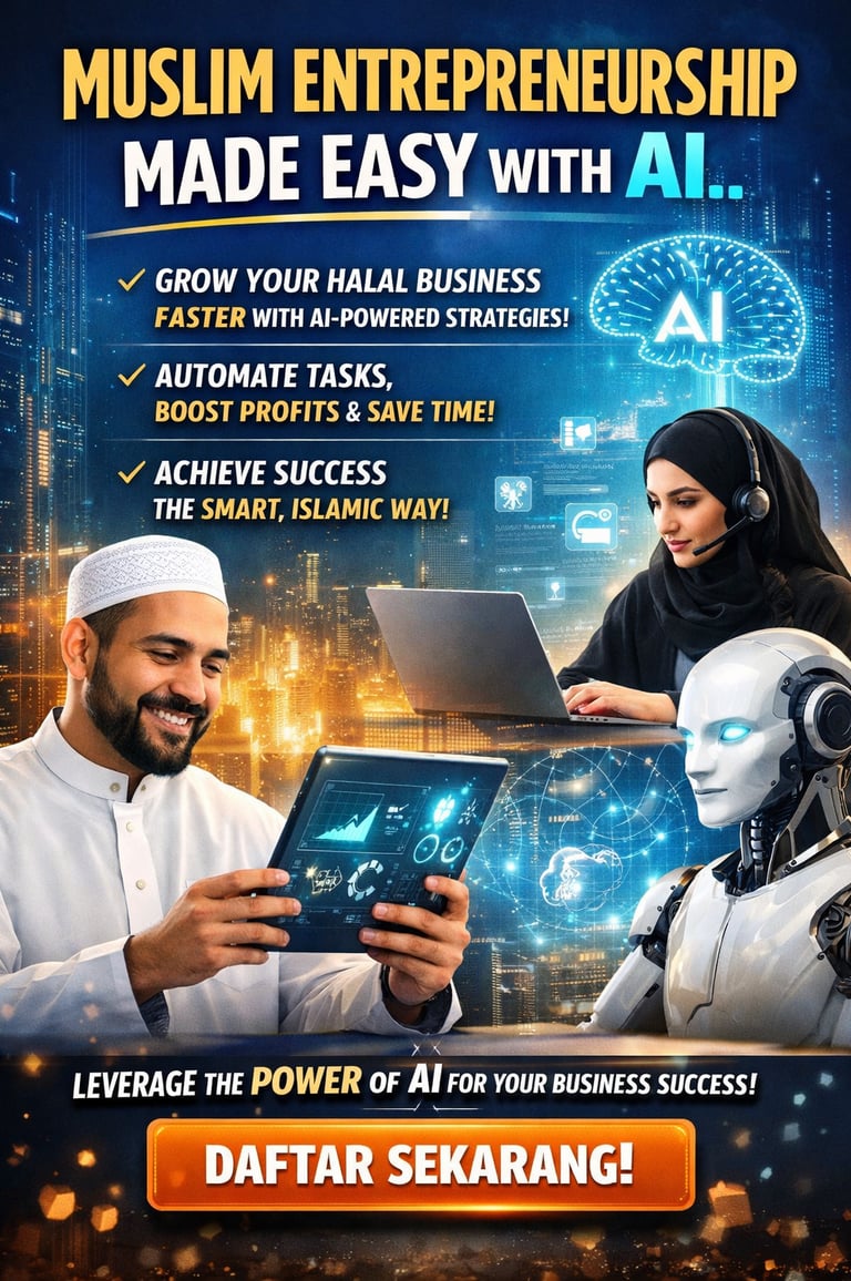 Muslim entrepreneurs using AI and digital tablets to grow a halal business with automated smart technology.