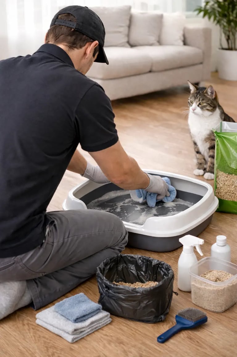 technicien qui nettoie et apporte de la litière à chat dans un bac