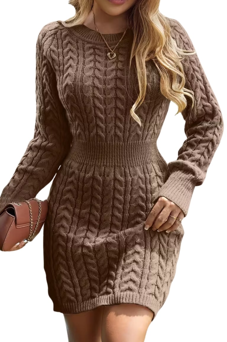 Women’s Elegant Knit Sweater Dress – Coffee Brown