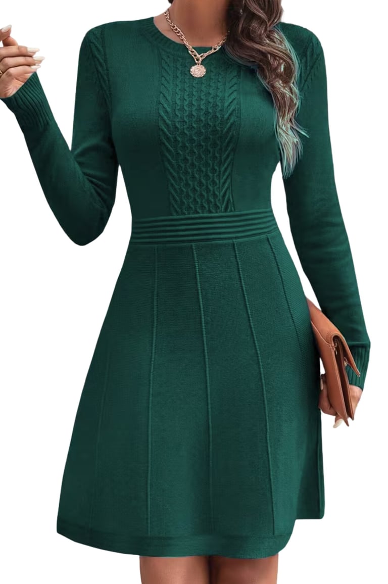 Women’s Elegant A-Line Knit Dress – Dark Green