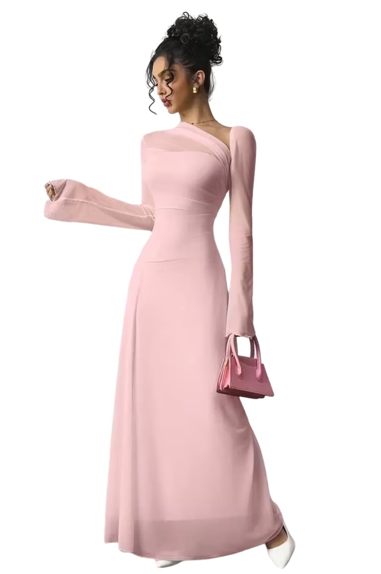 Faded Pink Women's Elegant Asymmetrical Neckline A-Line Dress