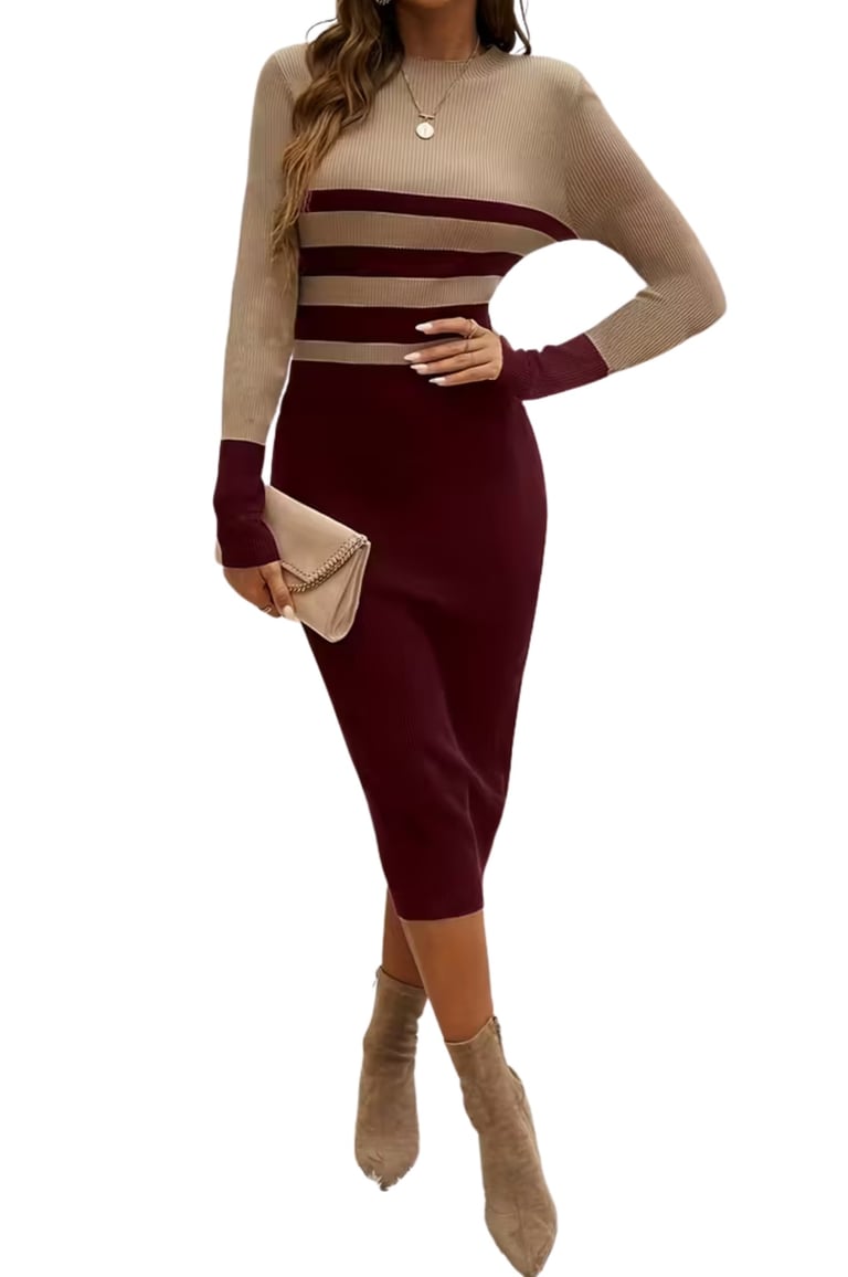 Women’s Elegant Striped Sweater Dress – Deep Red & Beige