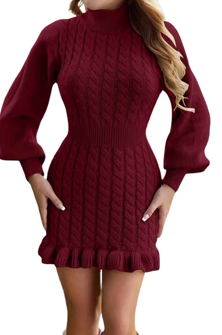 Women’s High Neck A-Line Sweater Dress with Fringe Hem – Red