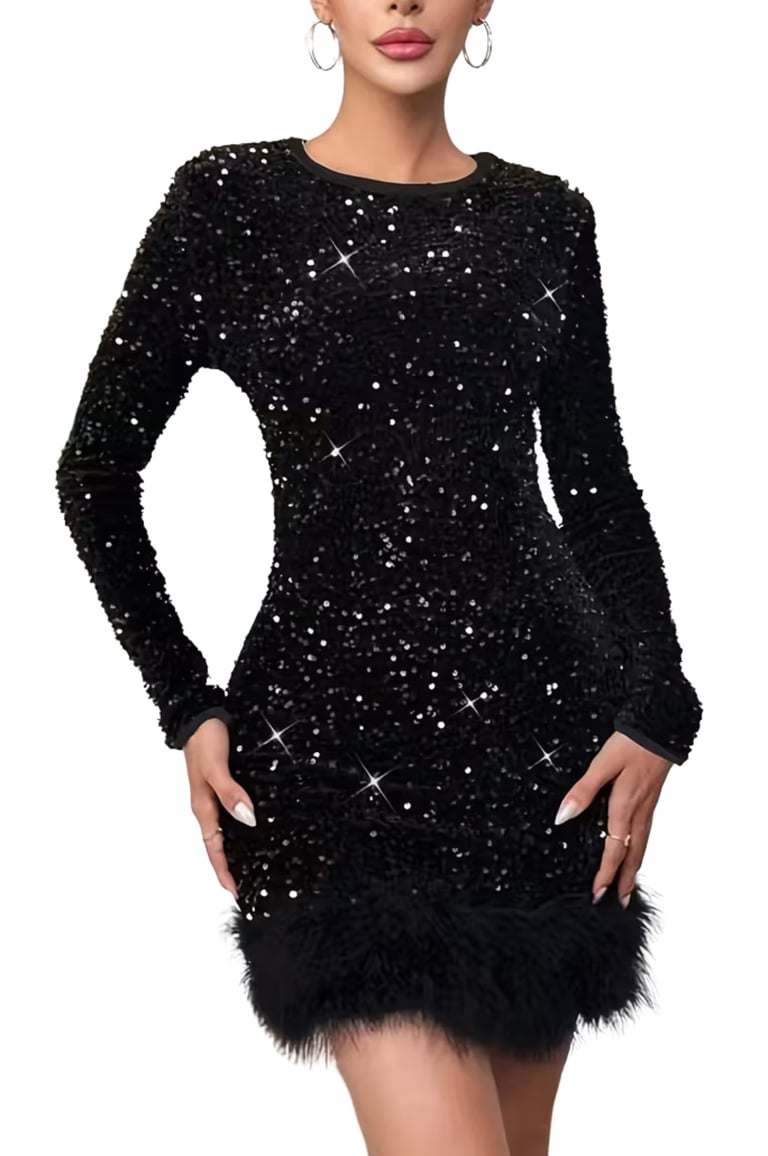 Black Women's Sparkling Sequin Mermaid Gown with Faux Fur