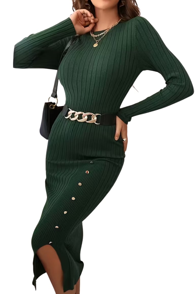 Solid Color Side Split Beltless Slim Fit Autumn Winter Dress – Olive Green