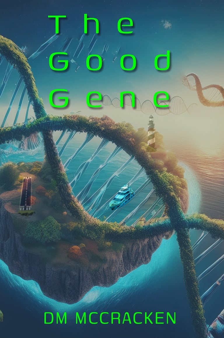 DNA strands overlaid on a tropical island with a runway, lighthouse and yacht.