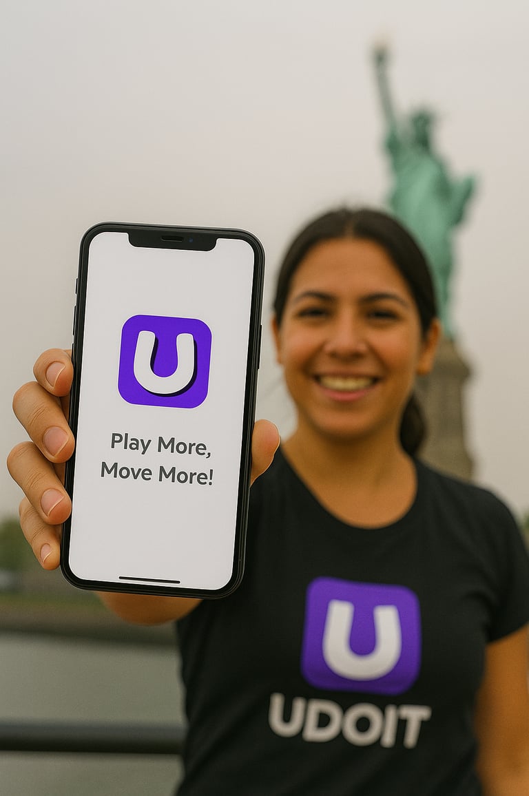 Person holding a phone displaying the UDOIT app logo and slogan.