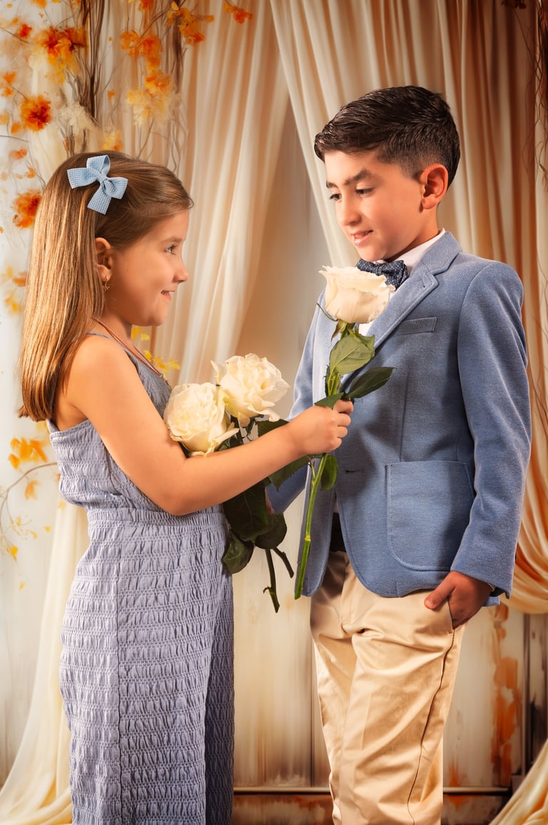 a boy and girl in a blue dress